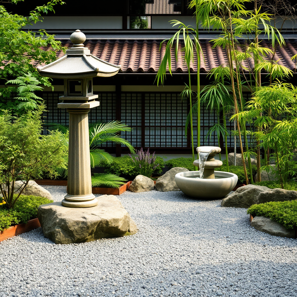 Serene Japanese zen garden with traditional stone lantern, bamboo fountain, and carefully raked gravel patterns representing mindfulness and balance