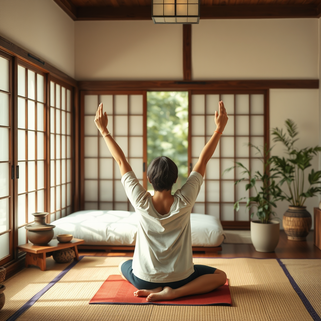 Person practicing Japanese-inspired wellness exercises in a serene home environment with traditional elements