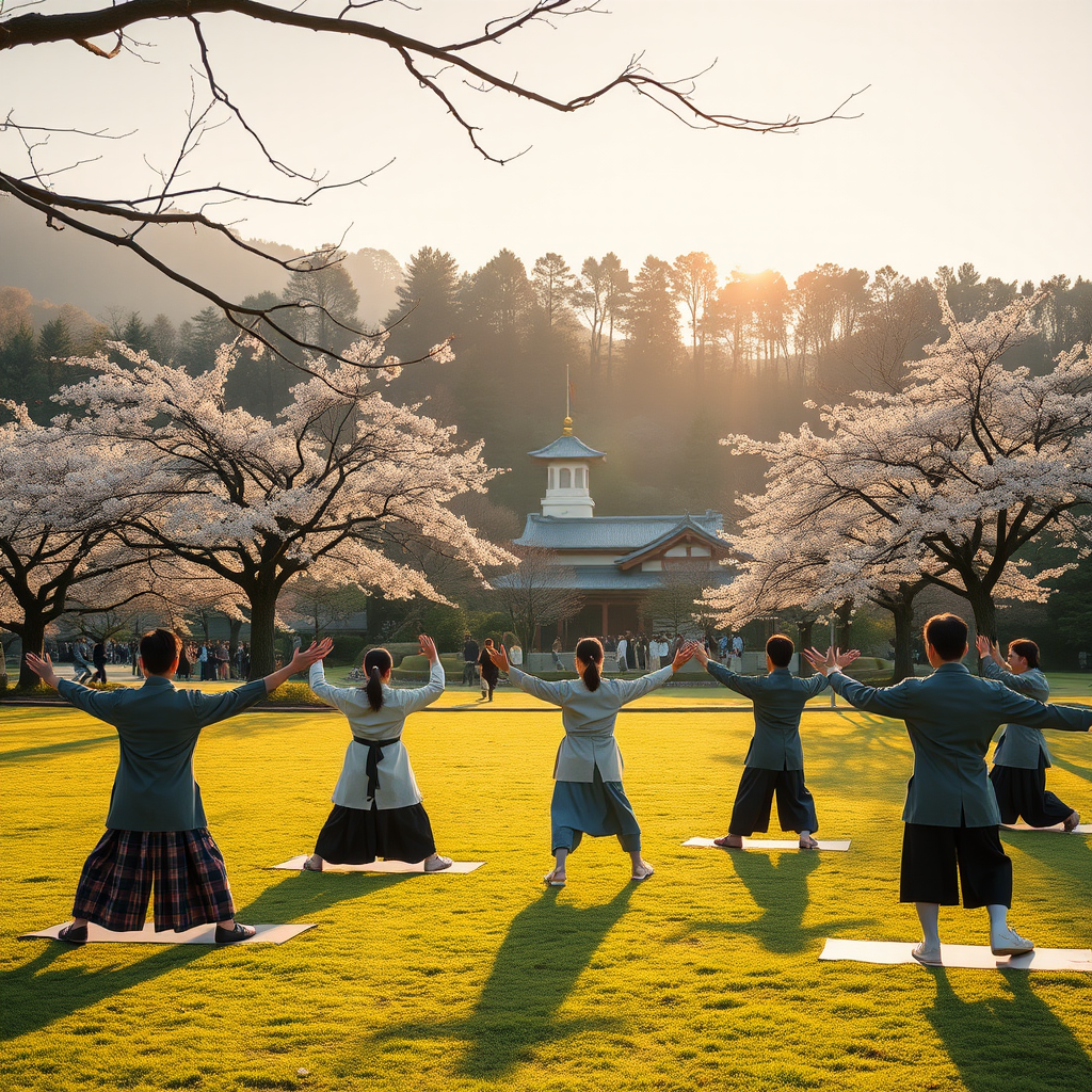 Group of Japanese people performing traditional Rajio Taiso morning exercises in a serene park setting at sunrise, with cherry blossom trees and traditional Japanese buildings visible in the background