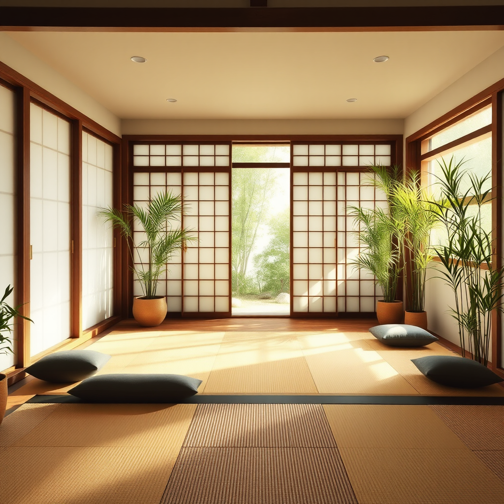 Peaceful Japanese-inspired home workout space featuring tatami mats, meditation cushions, bamboo plants, and soft natural lighting filtering through traditional shoji screens