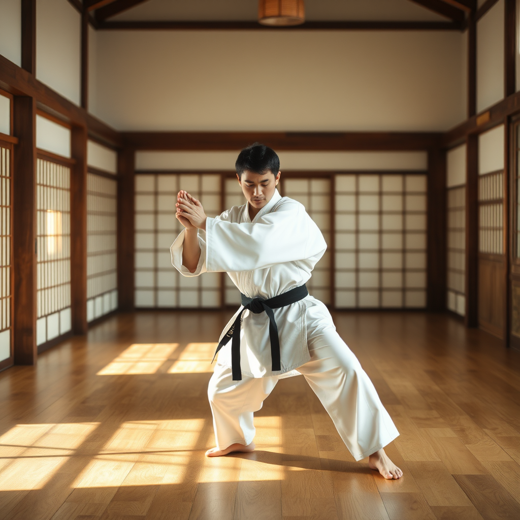 Japanese martial artist in traditional white gi demonstrating core breathing technique in serene dojo with wooden floors and natural lighting