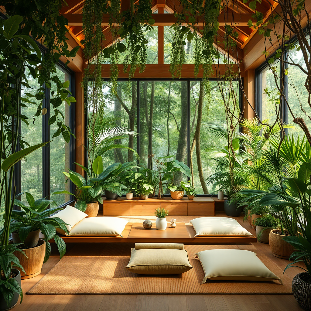Peaceful indoor forest bathing space with abundant greenery, natural wood furniture, soft ambient lighting, and meditation cushions creating a tranquil Japanese-inspired wellness corner