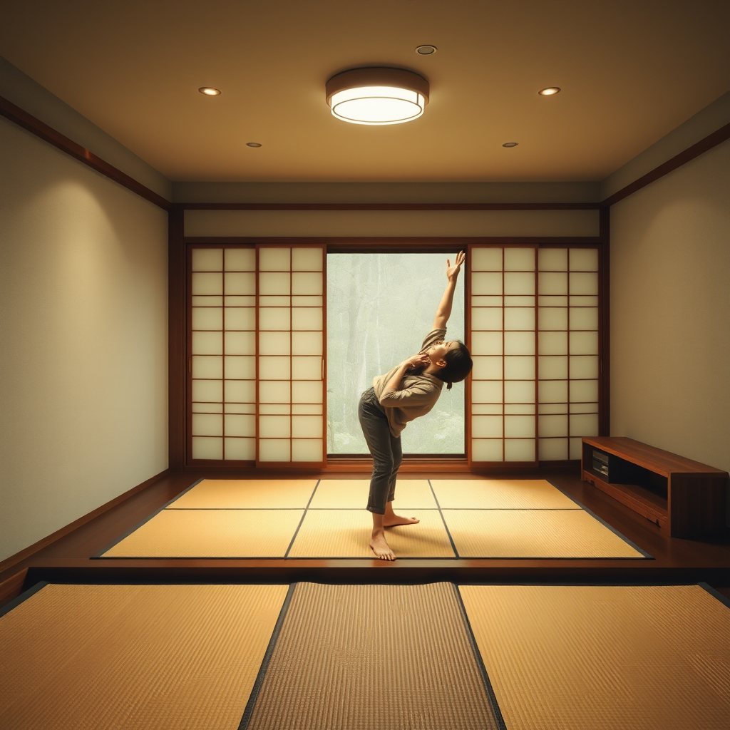Serene Japanese bedroom setting with tatami mats, soft lighting, and a person in comfortable clothing performing gentle stretching exercises in preparation for sleep