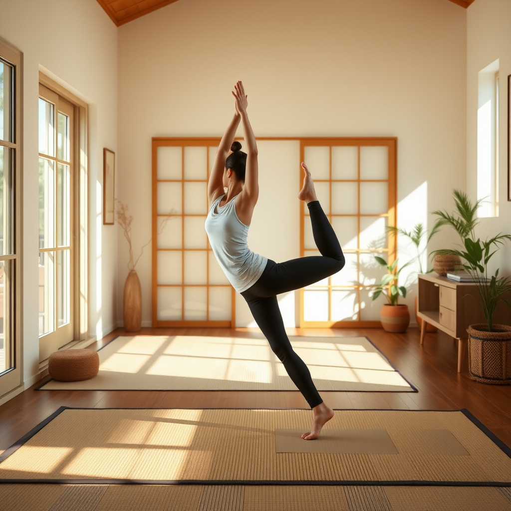 Person in comfortable home setting practicing Japanese-inspired yoga poses on tatami mat with natural lighting and minimalist decor