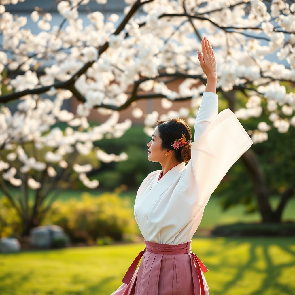 Japanese woman in traditional white clothing performing morning Rajio Taiso exercises in a peaceful garden setting with cherry blossoms, demonstrating stretching movements with arms raised toward the sunrise