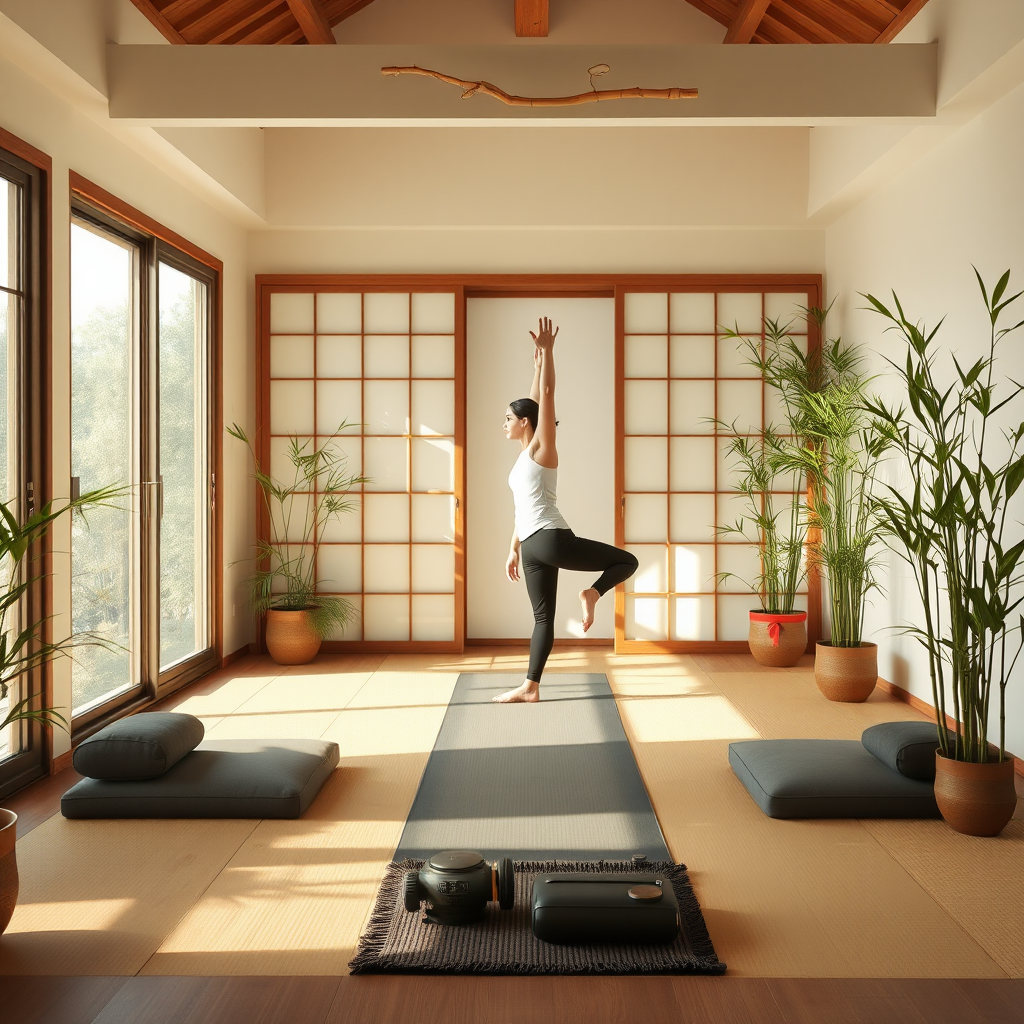 Serene home workout space with Japanese zen elements, meditation cushions, bamboo plants, and a person practicing mindful movement exercises in natural lighting