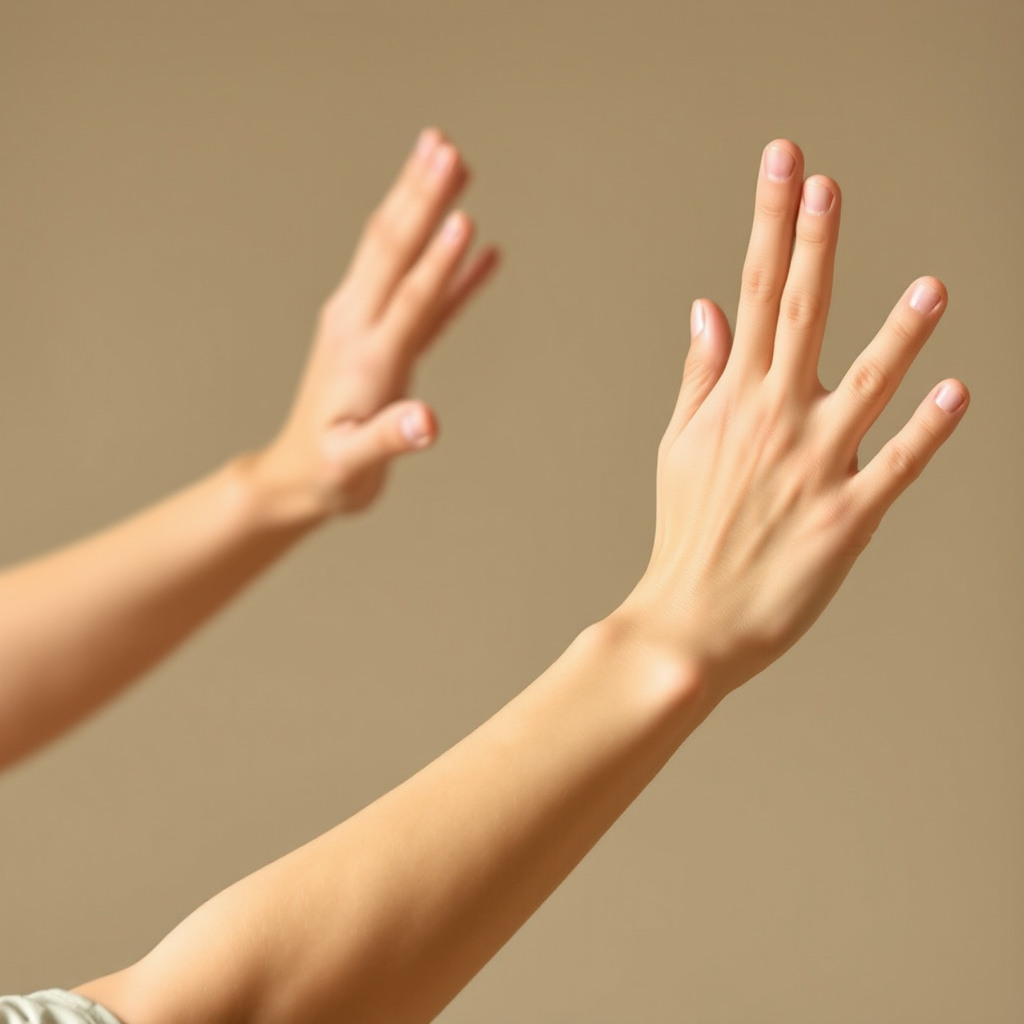 Close-up view of hands and arms performing gentle stretching movements characteristic of Rajio Taiso exercises, showing proper form and fluid motion