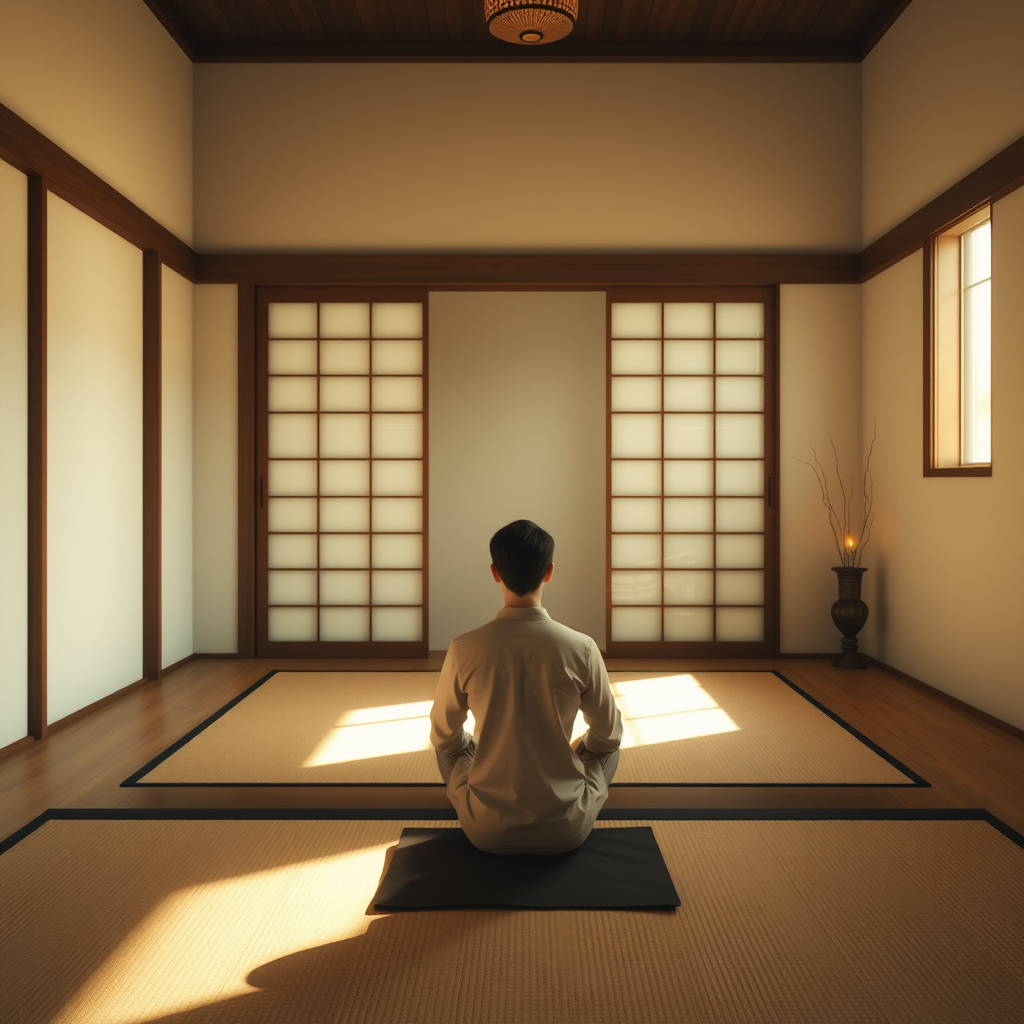 Individual sitting in lotus position on traditional tatami mat in minimalist Japanese room with burning incense and soft morning light