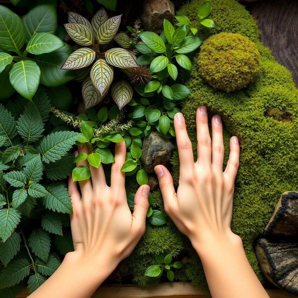 Hands gently touching different textured plants, moss, and natural wood surfaces in an indoor garden, demonstrating the tactile aspect of forest bathing practice