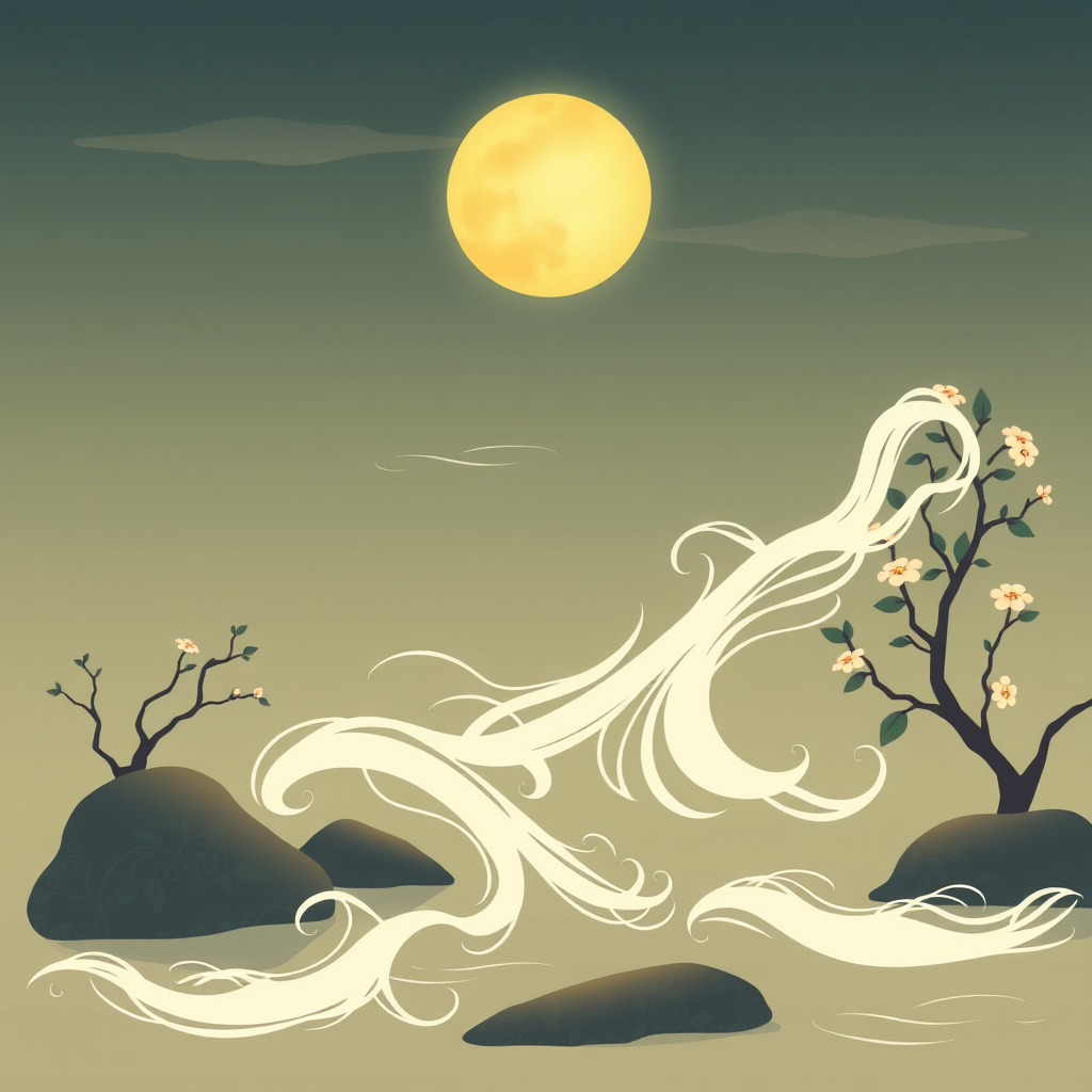 Traditional Japanese wellness concept illustration showing the balance between mind, body, and spirit with evening moon and gentle flowing movements