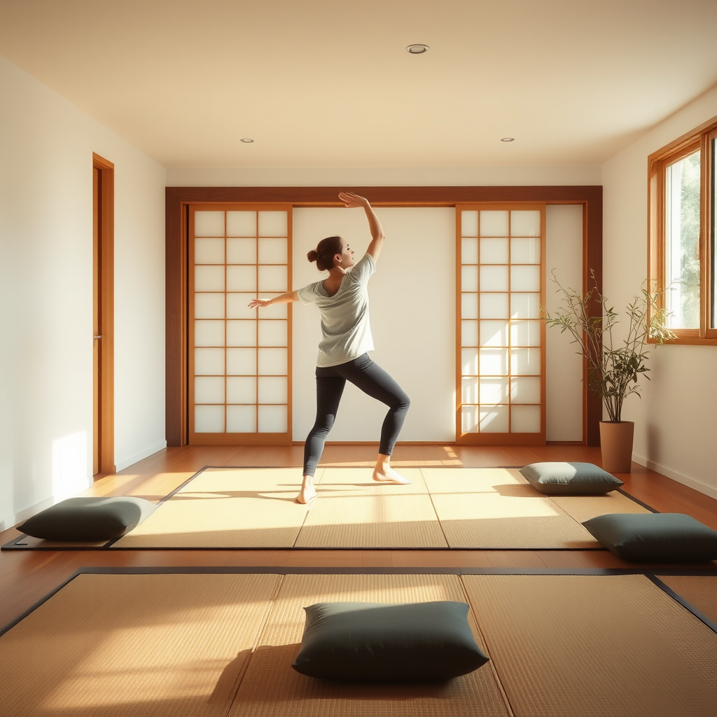 Serene home workout space with tatami mats, meditation cushions, and a person in comfortable clothing practicing mindful movement exercises in a minimalist Japanese-style room with natural lighting