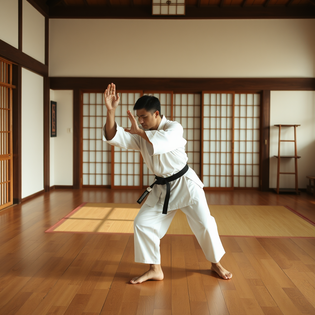 Japanese martial artist demonstrating hara-centered core strengthening exercises in a traditional dojo setting with wooden floors and minimalist decor