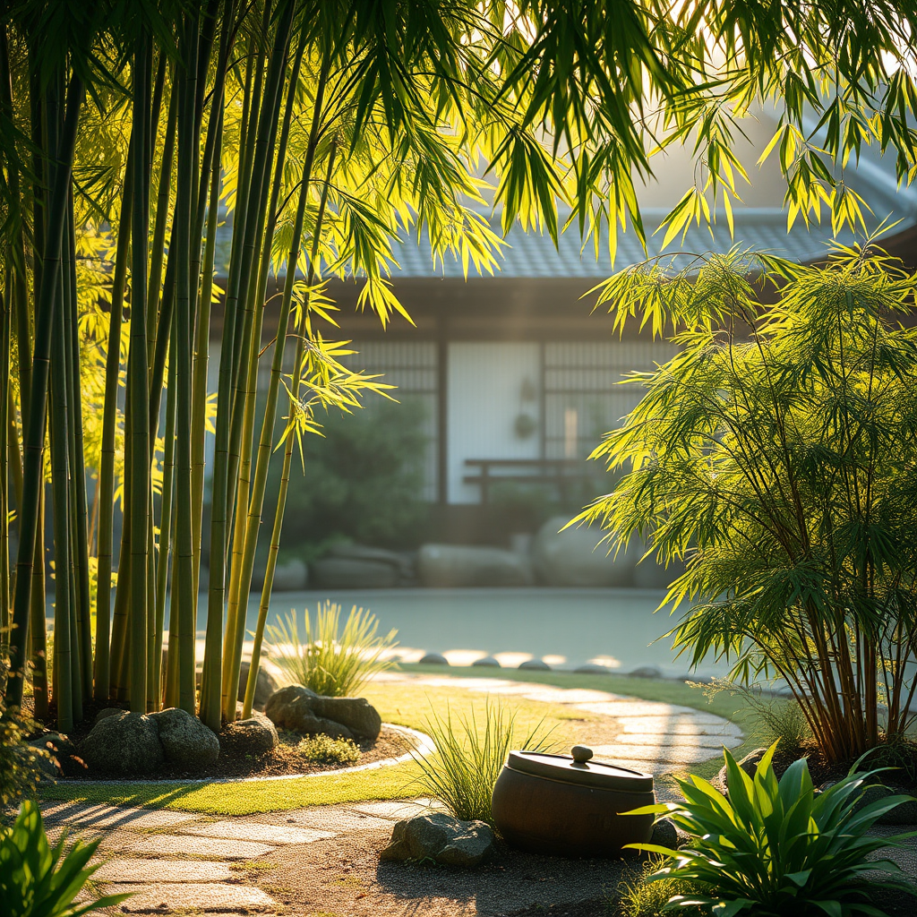Serene Japanese garden scene with soft morning sunlight filtering through bamboo and traditional plants, creating a peaceful atmosphere perfect for morning exercises