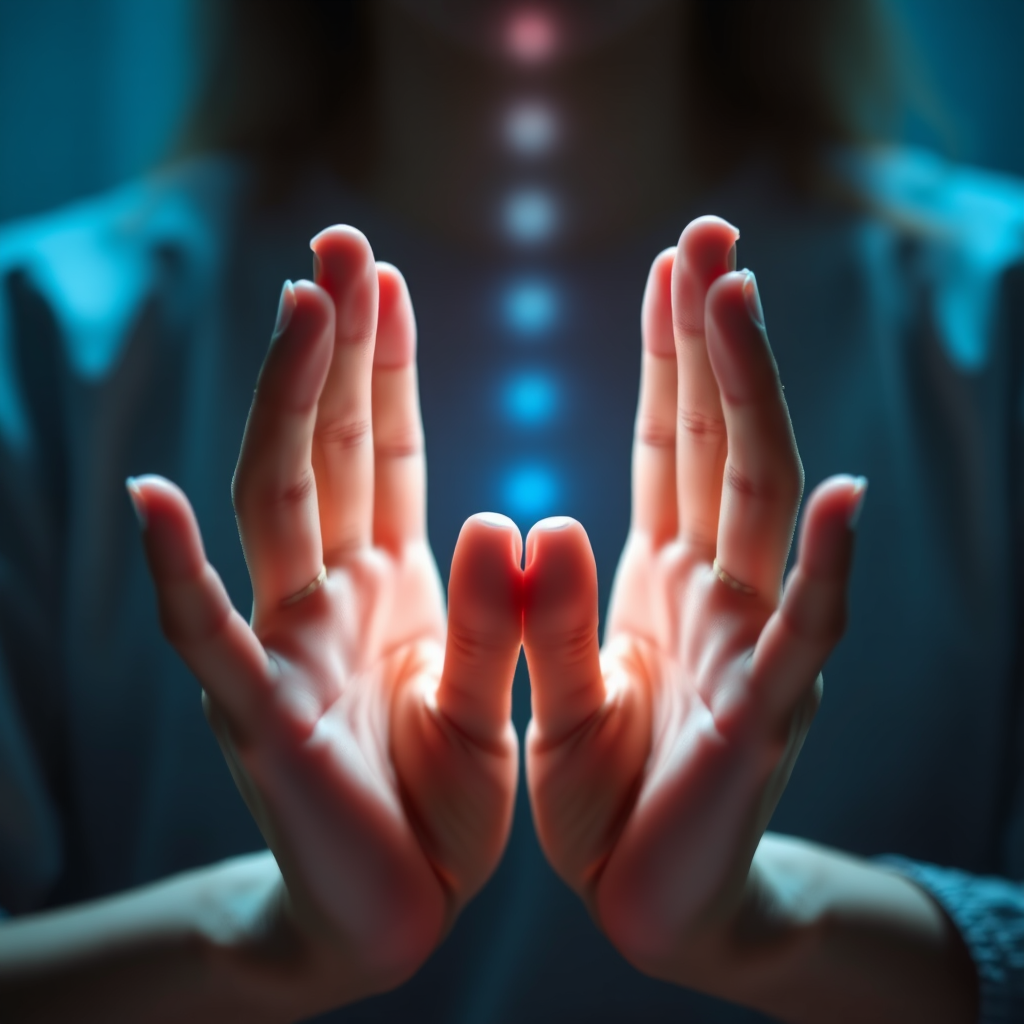 Close-up of hands positioned in traditional meditation mudra with soft blue lighting and subtle breath visualization effects