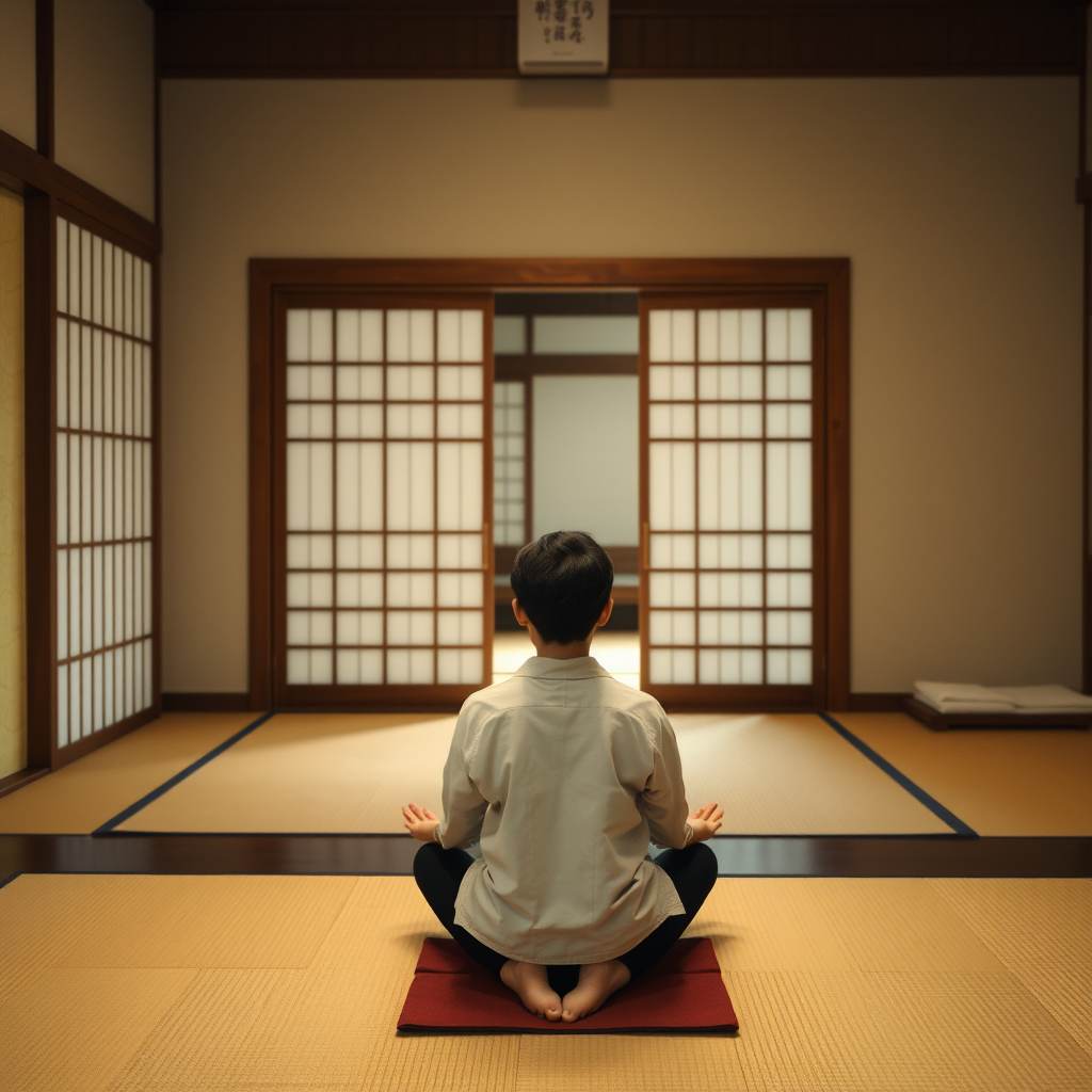 Person performing seiza sitting meditation pose on tatami mat in traditional Japanese room with sliding doors