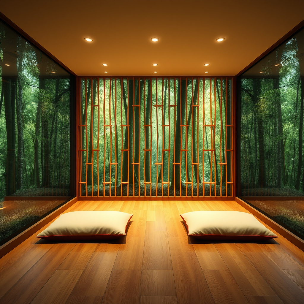 Tranquil meditation corner featuring bamboo room dividers, natural wood flooring, comfortable floor cushions, and warm ambient lighting that creates a forest-like atmosphere indoors