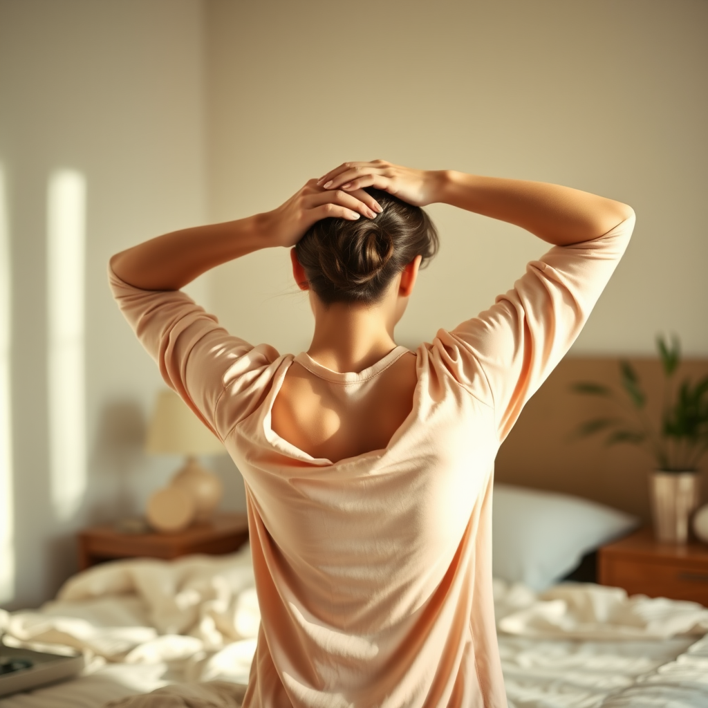 Person in comfortable sleepwear performing gentle neck and shoulder stretches in a peaceful bedroom setting with soft lighting