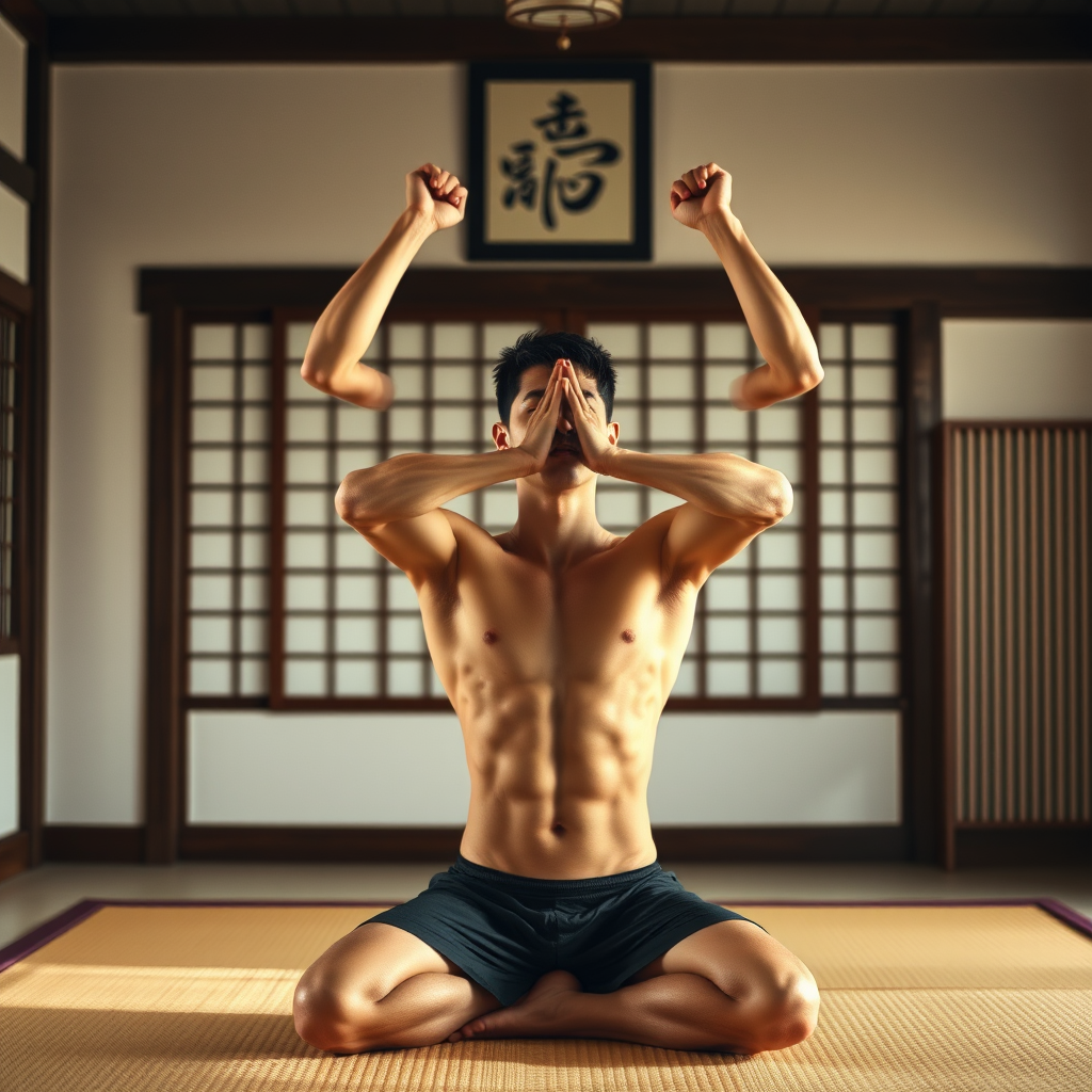 Athletic person demonstrating Japanese hara-centered core strengthening exercises in a traditional dojo setting, showing proper breathing technique and centered posture with martial arts influence