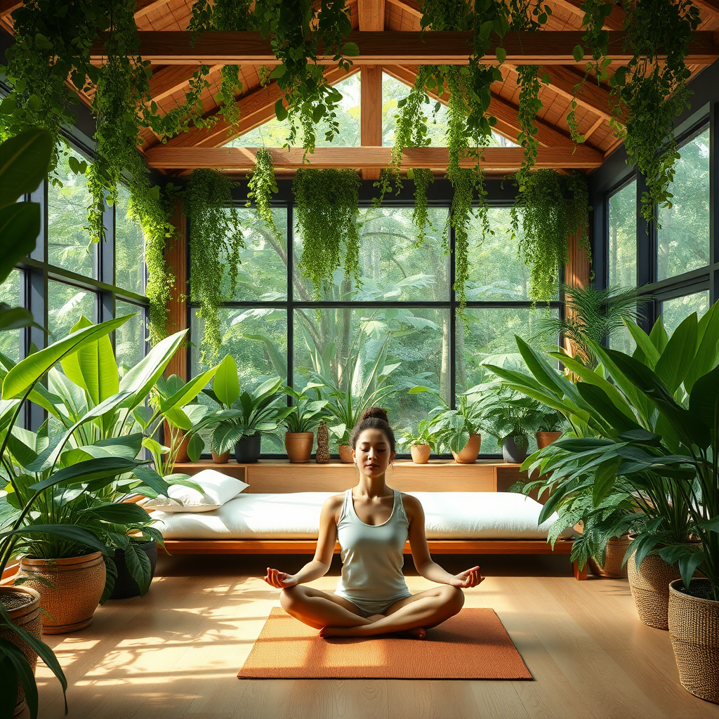 Beautiful indoor wellness space designed for forest bathing with lush green plants, natural wood elements, soft lighting, and a person meditating peacefully