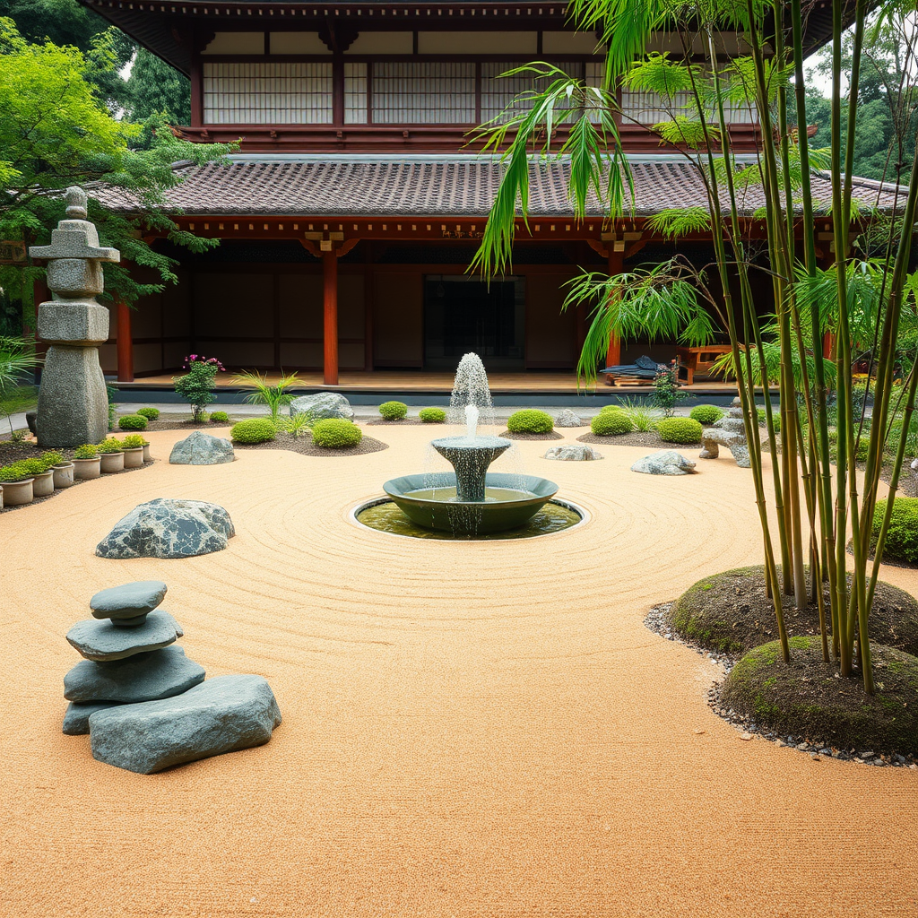 Traditional Japanese zen garden with carefully raked sand patterns, meditation stones, and bamboo fountain in peaceful temple setting