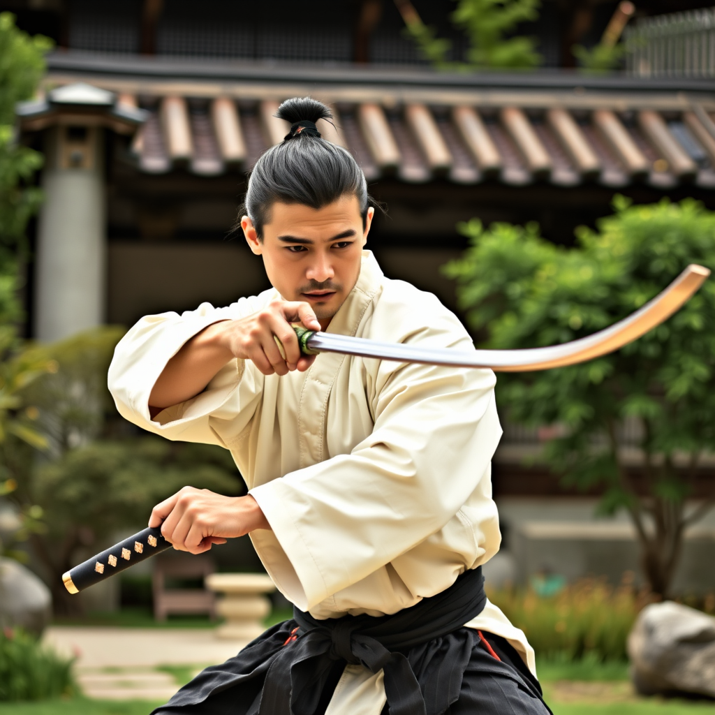Martial artist demonstrating advanced core technique with wooden training sword in outdoor Japanese garden setting