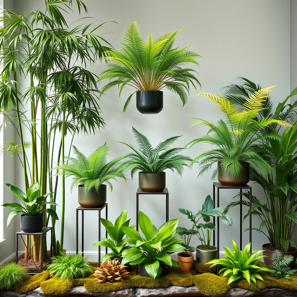 Multi-level indoor plant arrangement showing tall bamboo palms, medium-sized ferns on plant stands, and small ground-level plants with moss, creating a natural forest layer structure