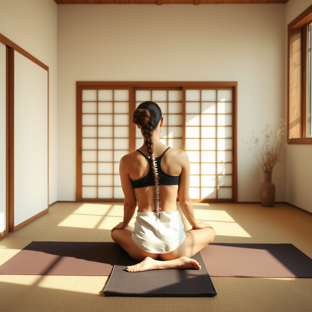 Person demonstrating seated spinal twist exercise on a yoga mat in a minimalist Japanese-style room with natural lighting
