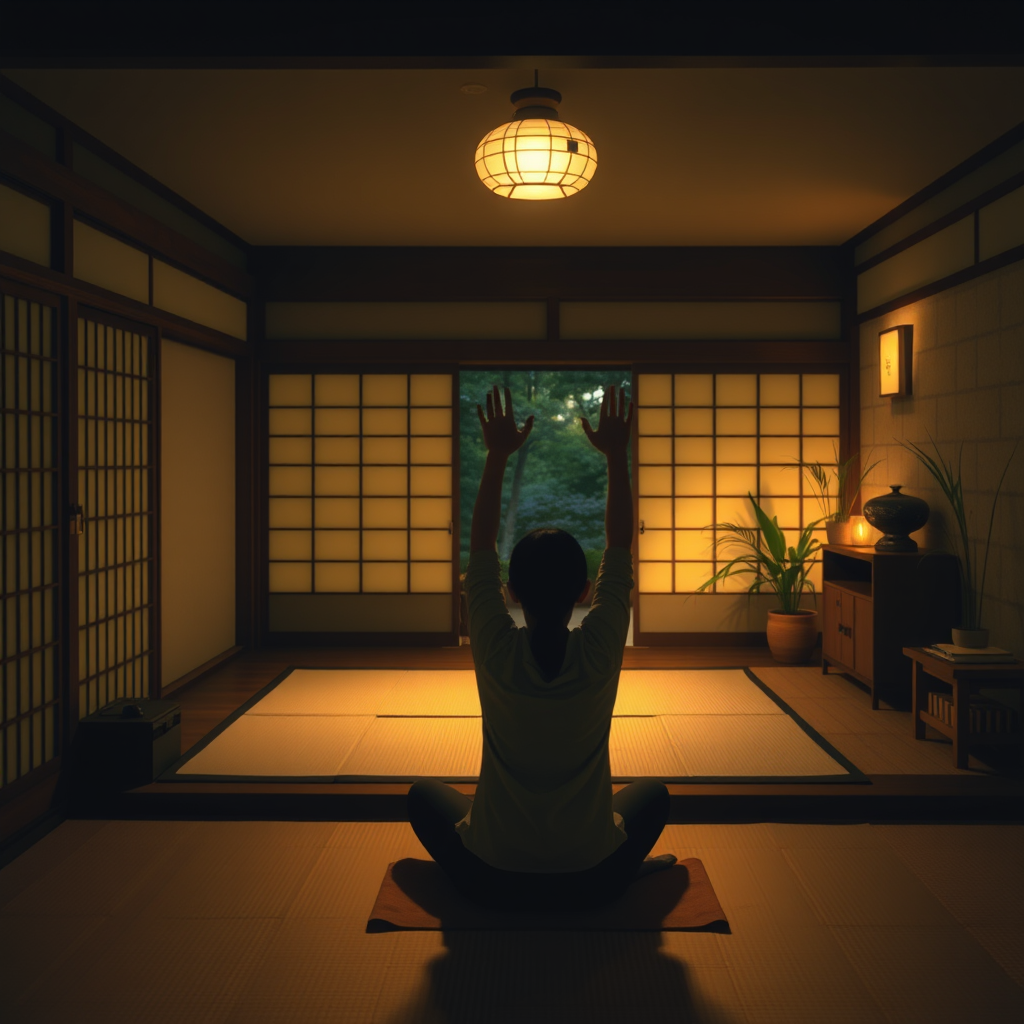 Peaceful evening scene with person performing gentle Japanese stretching exercises in a dimly lit room with soft ambient lighting and traditional elements