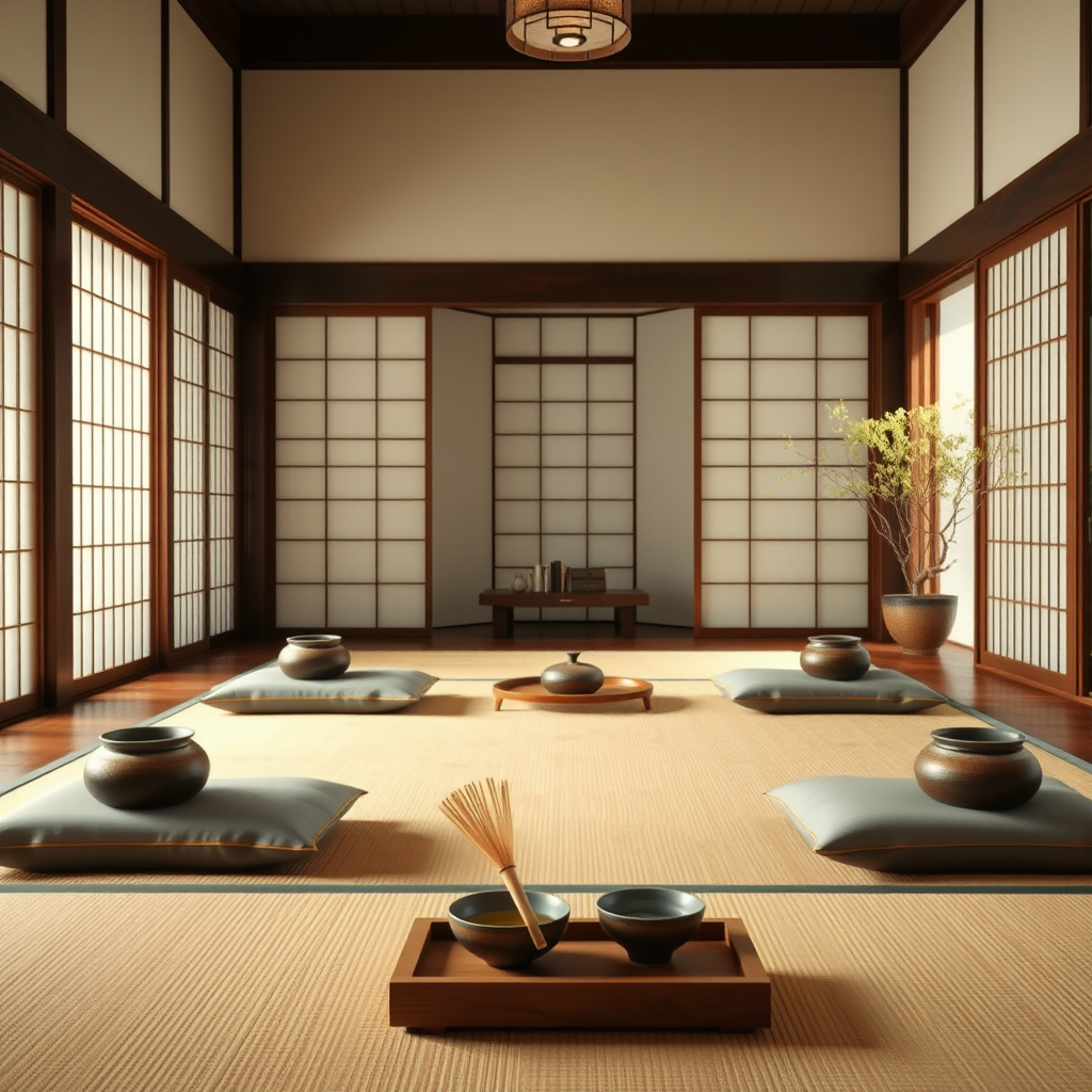 Elegant Japanese tea ceremony arrangement with meditation cushions, bamboo whisk, ceramic bowls, and soft natural lighting in traditional room