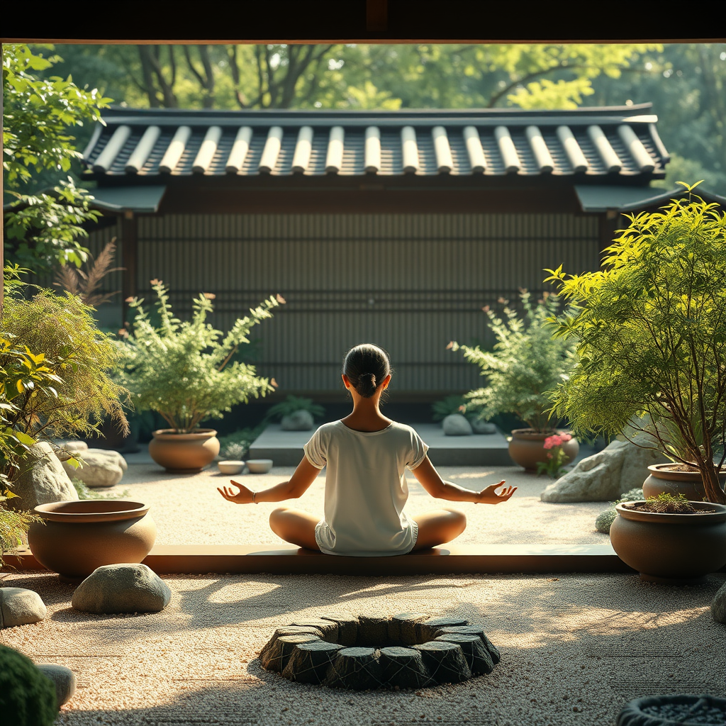 Peaceful meditation scene with person in lotus position surrounded by zen garden elements and soft natural lighting