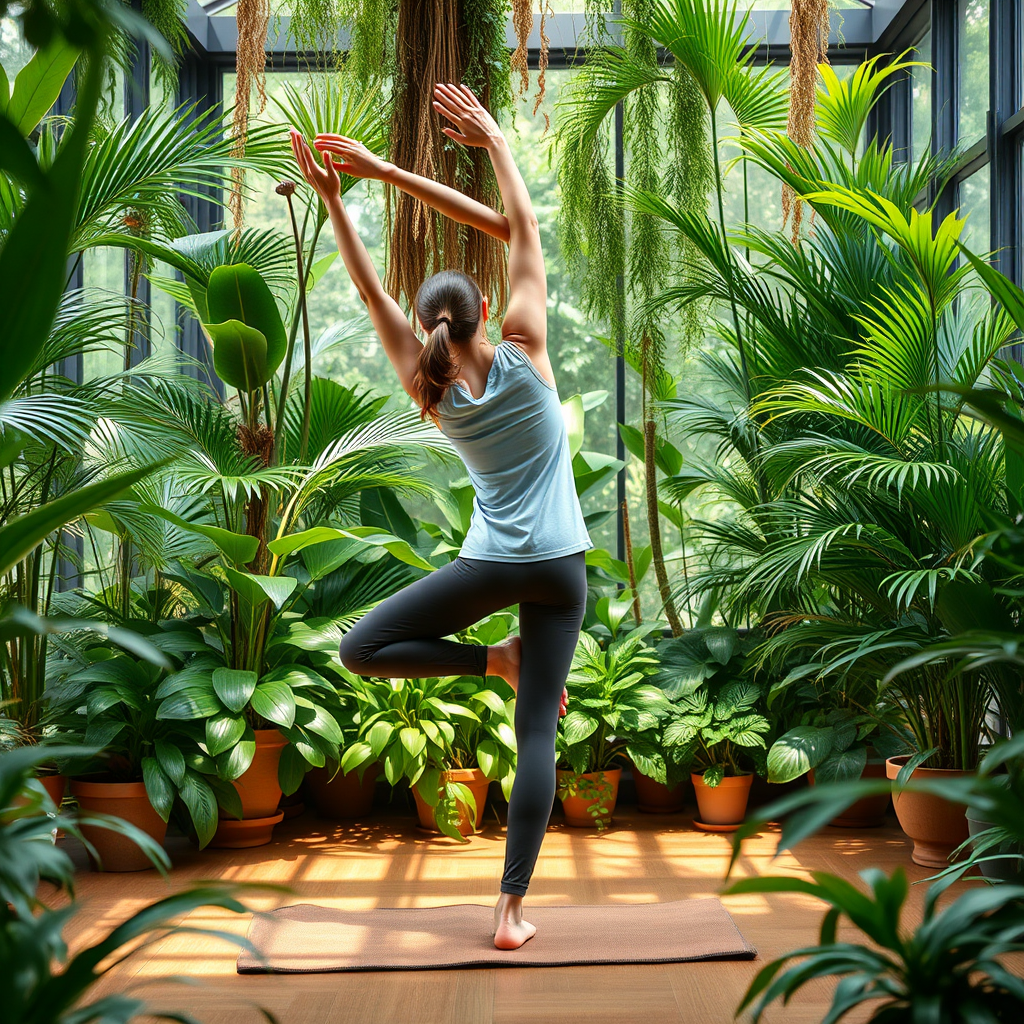 Person in comfortable clothing performing gentle stretching and mindful movement exercises in a lush indoor plant sanctuary, demonstrating the integration of physical wellness with forest bathing practice