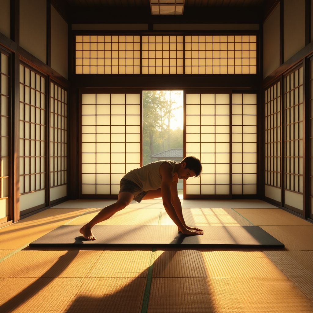 Person performing gentle forward fold stretch on tatami mat in traditional Japanese room with soft evening light filtering through shoji screens