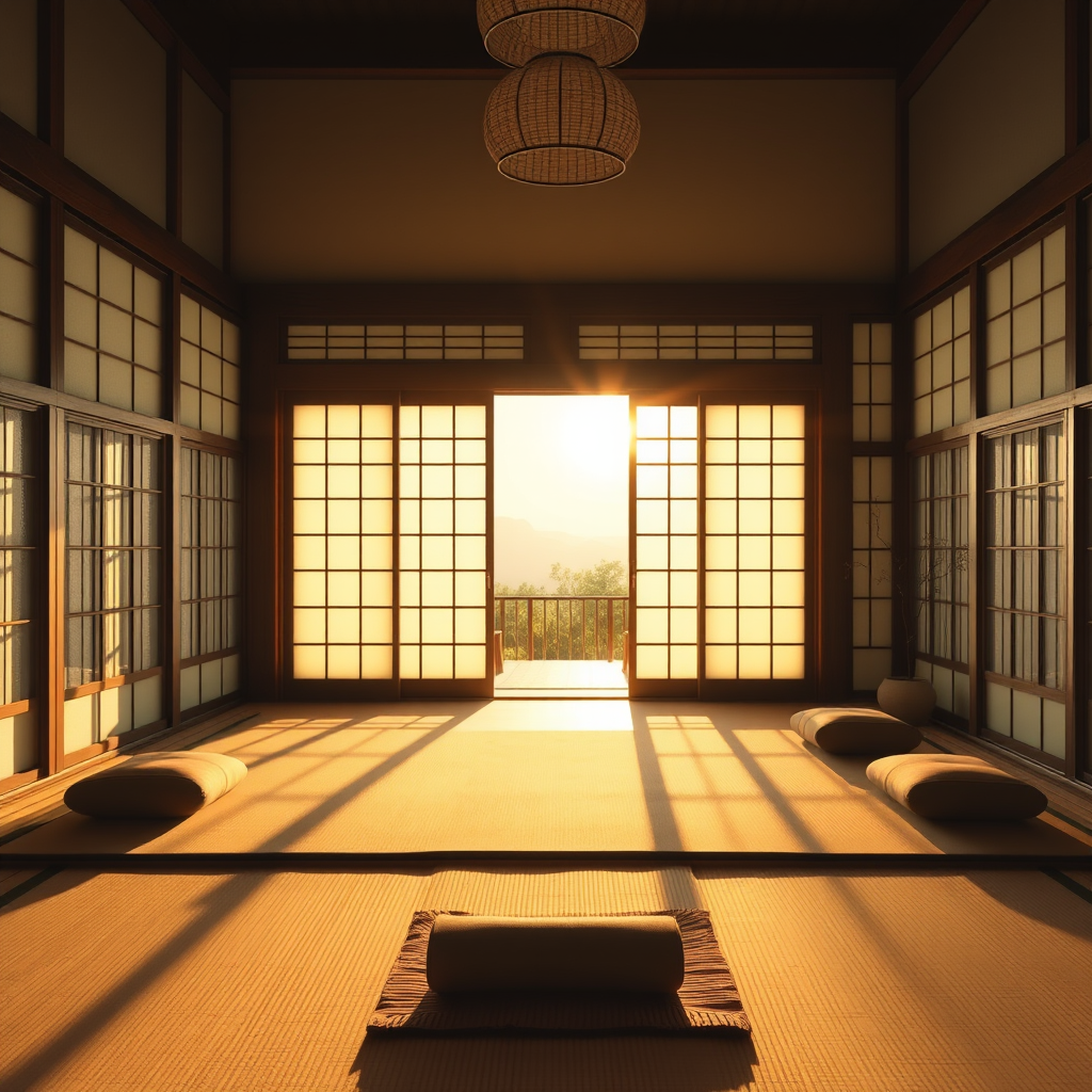 Peaceful sunrise view from traditional Japanese home interior with yoga mat laid out, meditation cushions arranged, and morning light streaming through paper screens