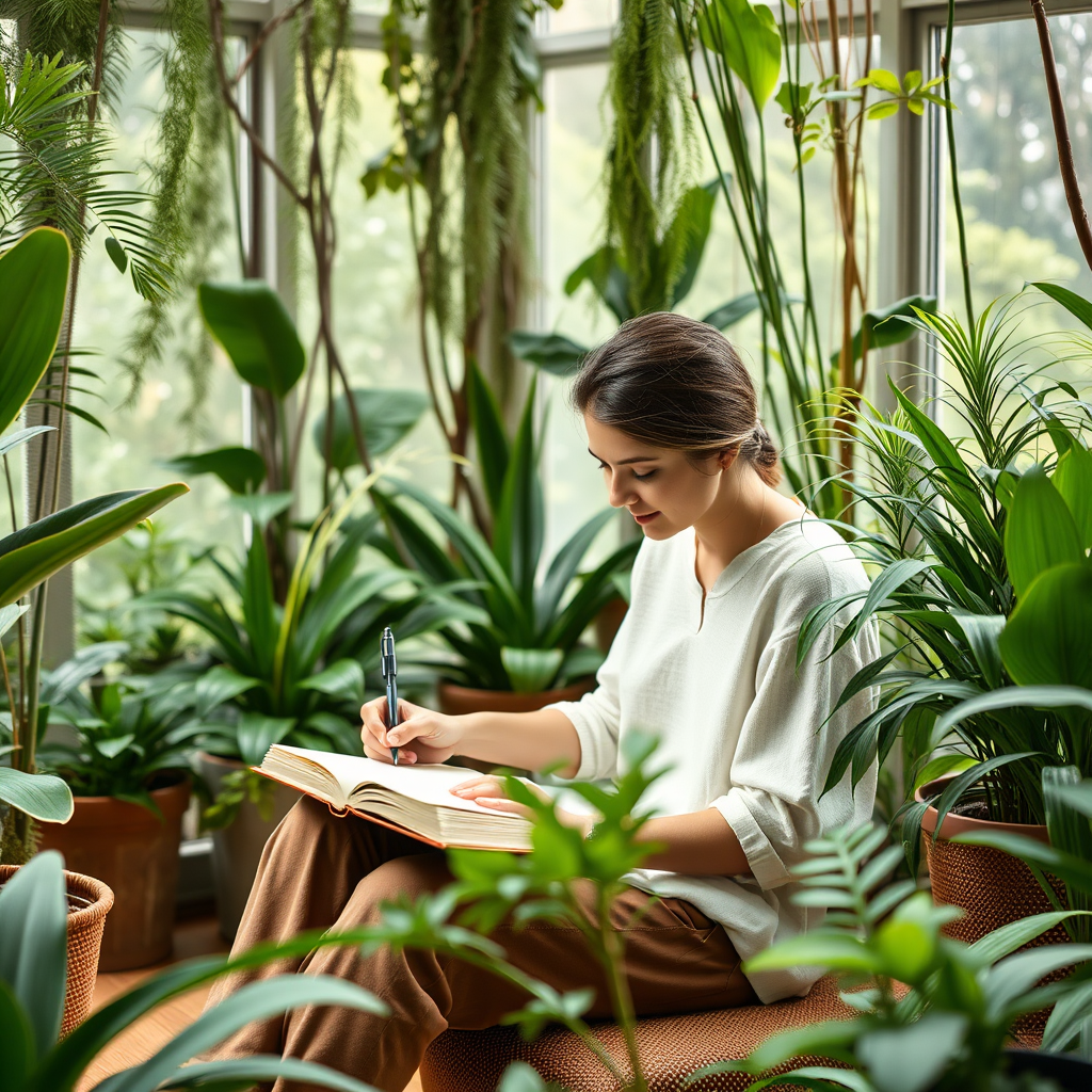 Serene person writing thoughtfully in a wellness journal while seated in a beautiful indoor forest bathing space filled with diverse plants and soft natural lighting