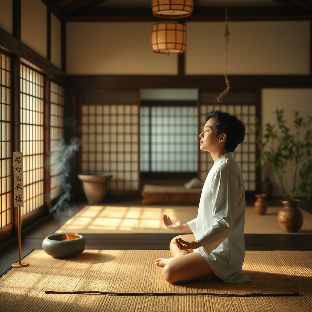 Peaceful scene of person practicing breathing meditation in traditional Japanese setting with incense, soft lighting, and natural elements creating a serene atmosphere