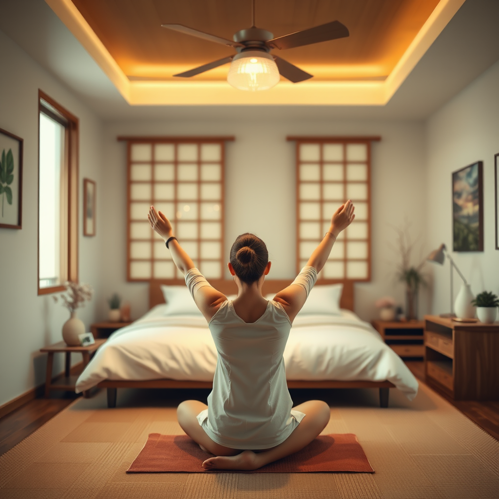 Person in meditation pose practicing mindfulness in a serene Japanese-inspired bedroom with minimal decor, soft lighting, and peaceful ambiance