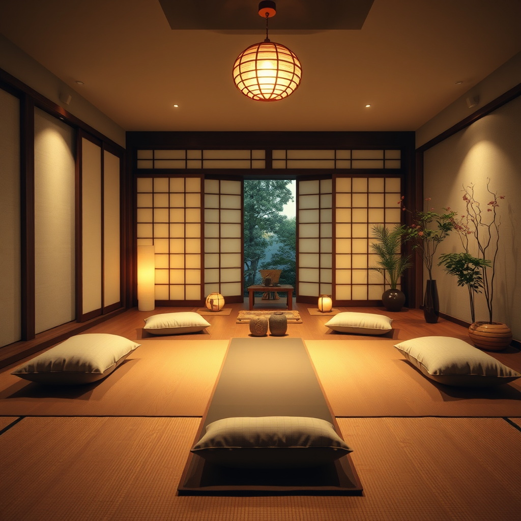Beautifully arranged evening wellness space with yoga mat, soft pillows, dim lighting, and traditional Japanese elements creating the perfect environment for wind-down exercises